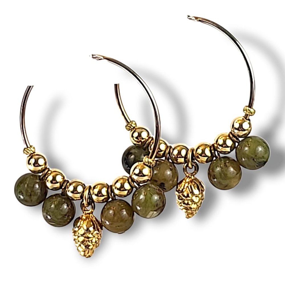 Drop Earrings VTG 1.5" Gold Tone Hoops with Precious Stone Green Agate